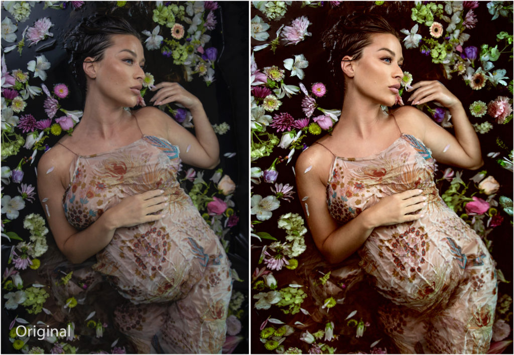 before and after image editing. Maternity flower milk bath photography session